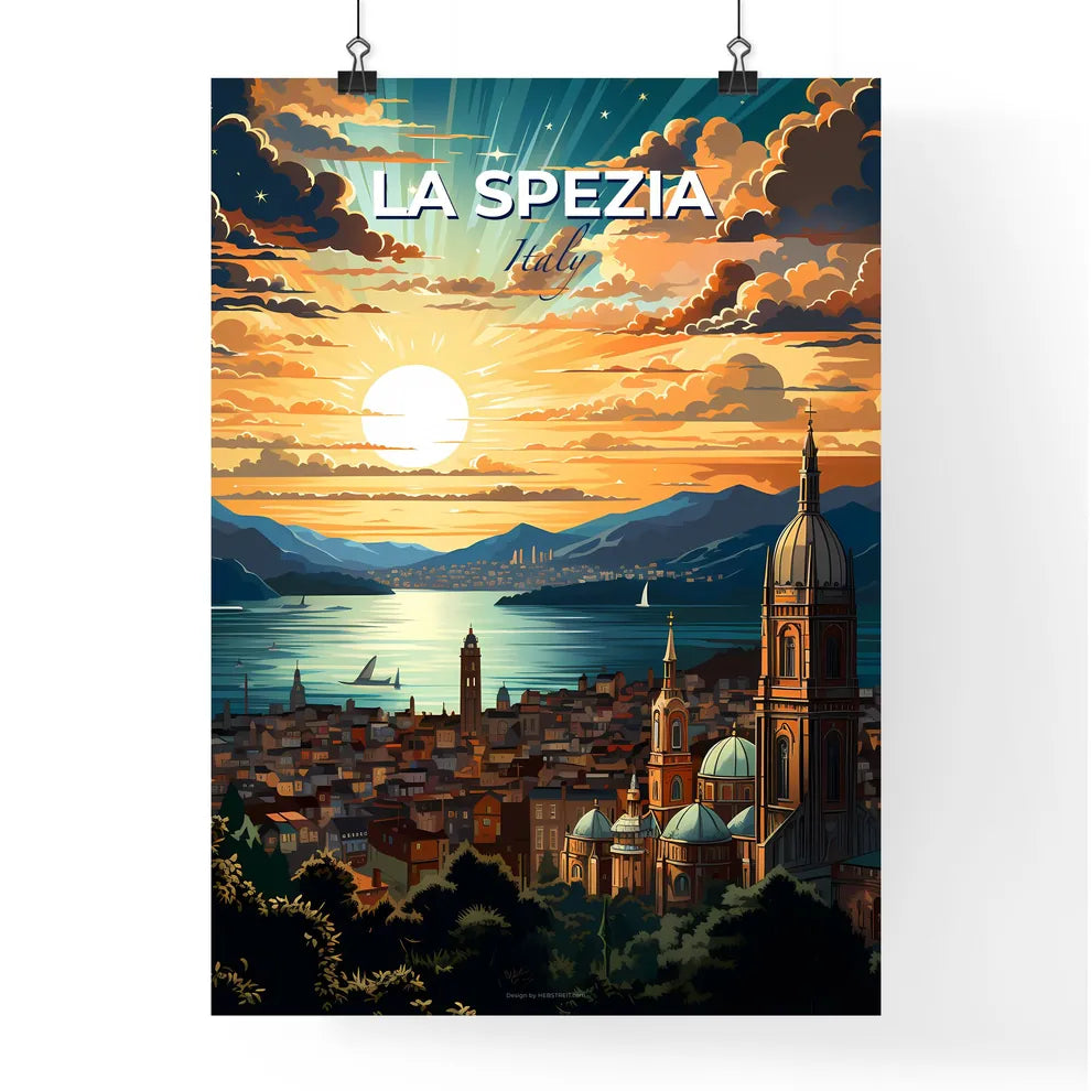 La Spezia, Italy, A Poster of a city with a large building and a body of water with mountains and a sunset Default Title