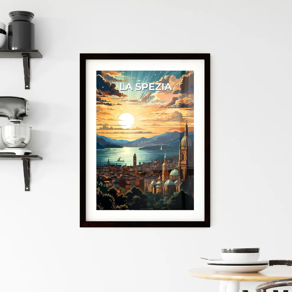 La Spezia, Italy, A Poster of a city with a large building and a body of water with mountains and a sunset Default Title