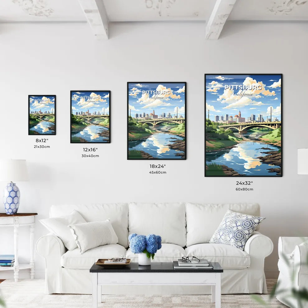 Pittsburg, California, A Poster of a bridge over a river with trees and a city in the background Default Title