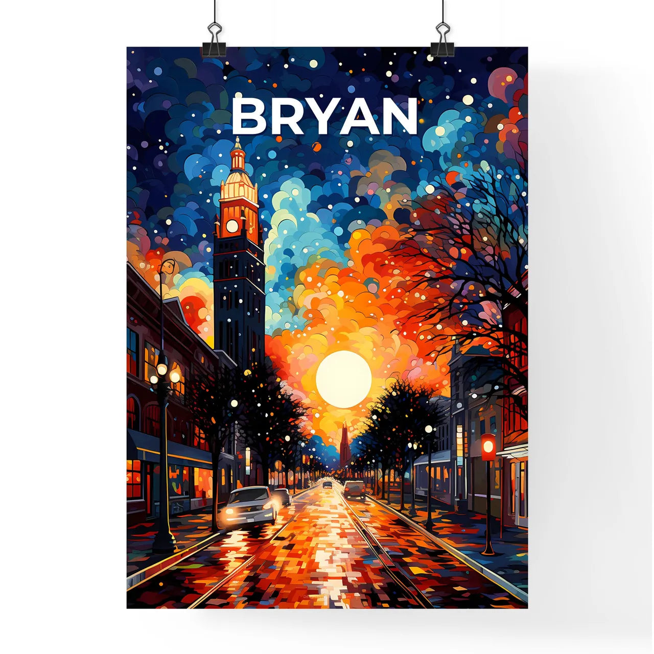 Bryan, Texas, A Poster of a street with a clock tower and a colorful sky Default Title