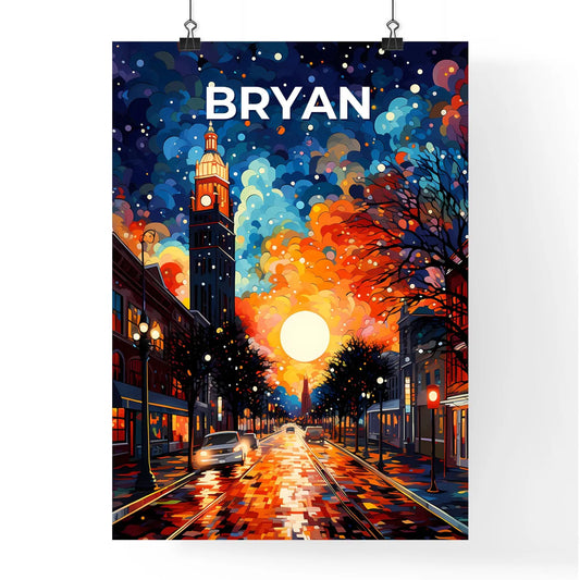 Bryan, Texas, A Poster of a street with a clock tower and a colorful sky Default Title