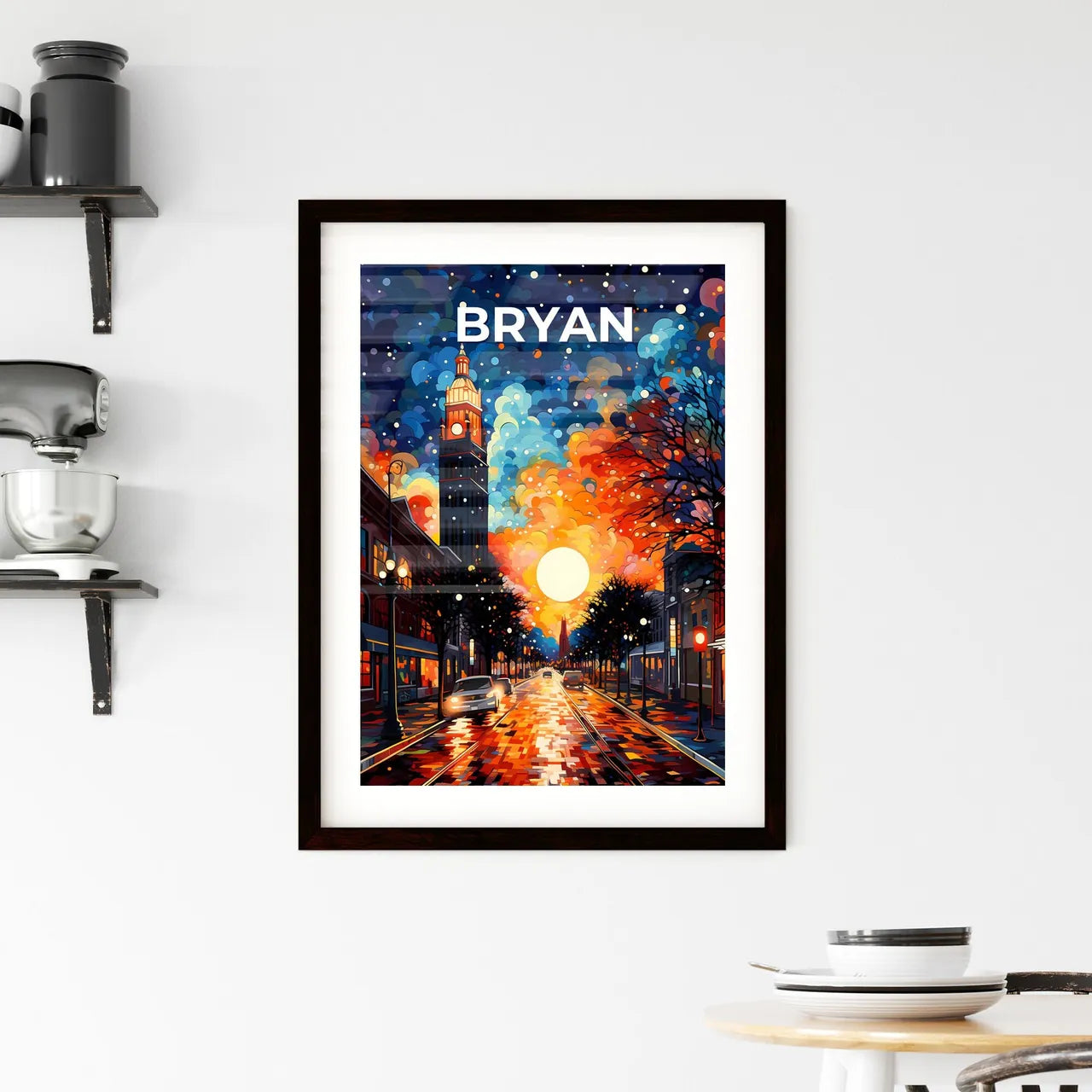 Bryan, Texas, A Poster of a street with a clock tower and a colorful sky Default Title