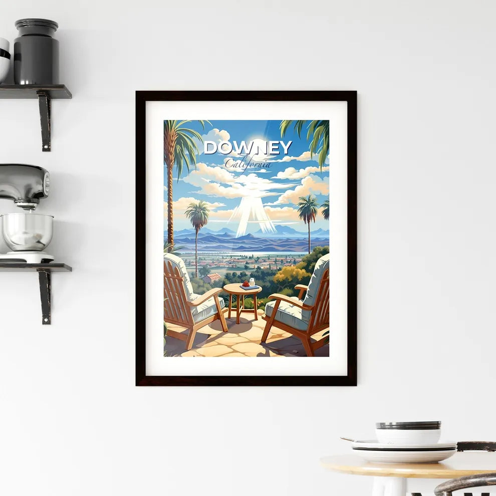 Downey, California, A Poster of a chair and table with palm trees and mountains in the background Default Title