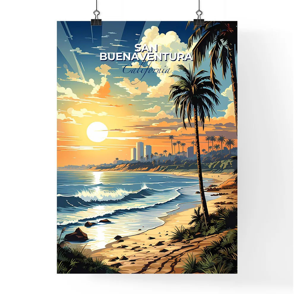 San Buenaventura, California, A Poster of a beach with palm trees and waves Default Title