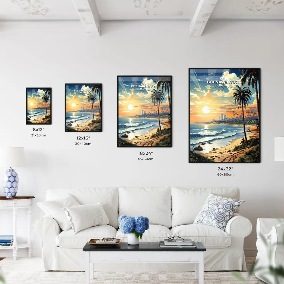 San Buenaventura, California, A Poster of a beach with palm trees and waves Default Title