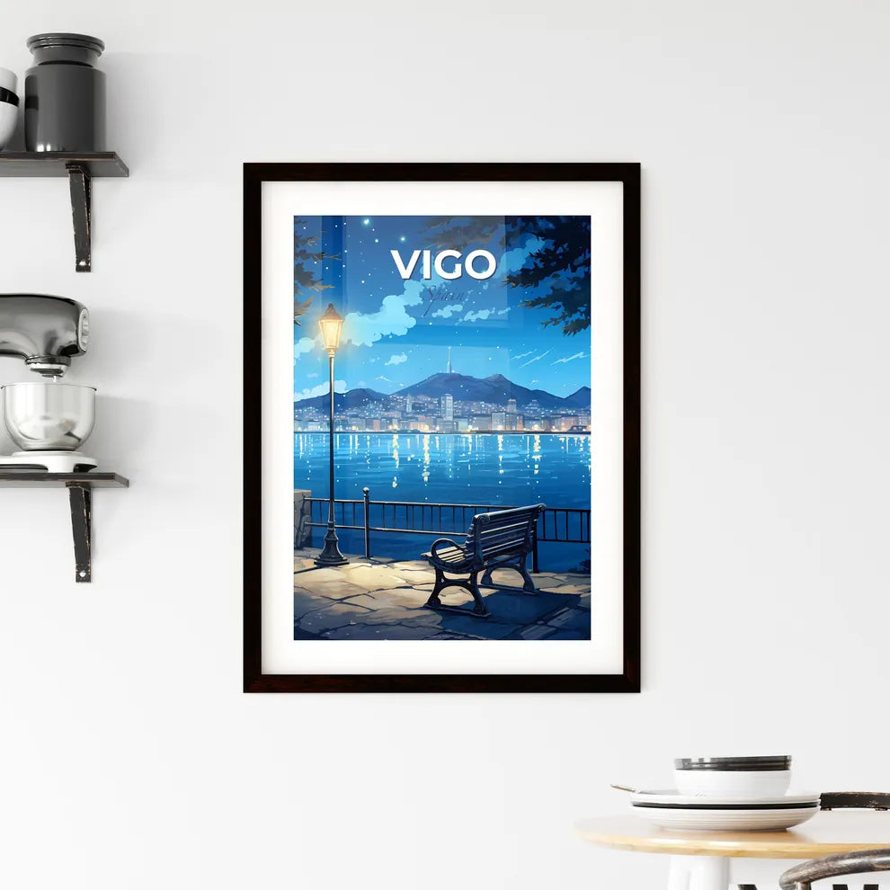 Vigo, Spain, A Poster of a bench and a lamp next to a body of water Default Title