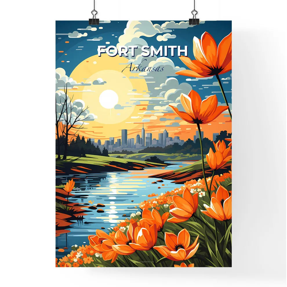 Fort Smith, Arkansas, A Poster of a river with orange flowers and a city in the background Default Title