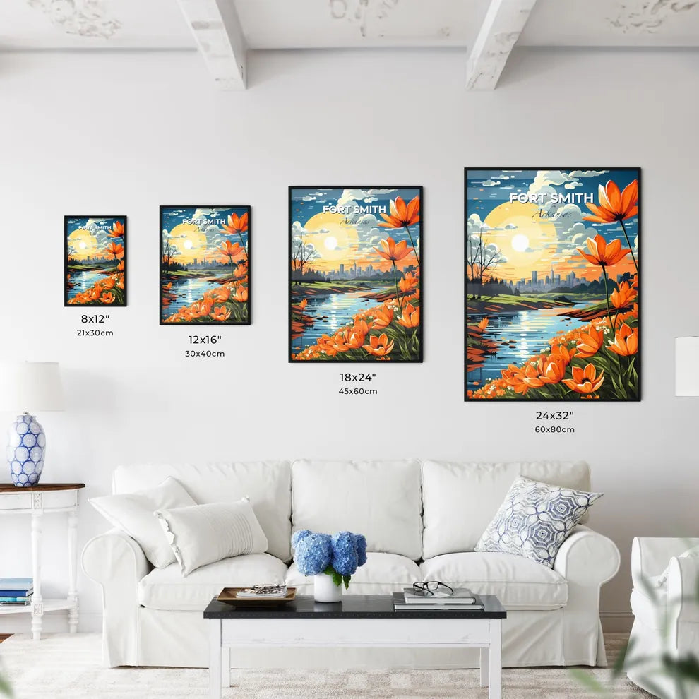 Fort Smith, Arkansas, A Poster of a river with orange flowers and a city in the background Default Title