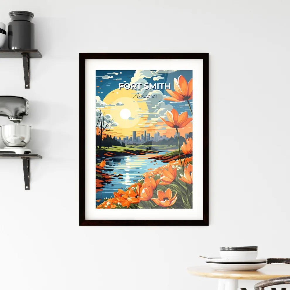 Fort Smith, Arkansas, A Poster of a river with orange flowers and a city in the background Default Title