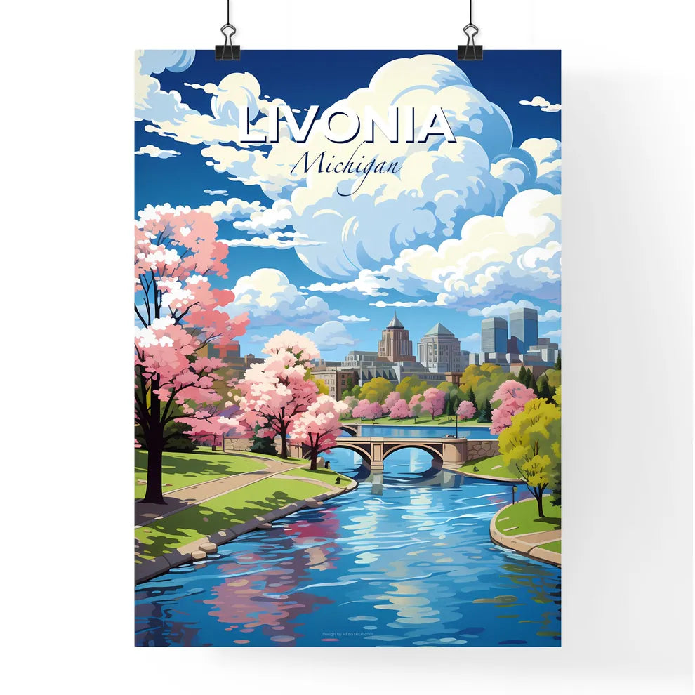 Livonia, Michigan, A Poster of a river with a bridge and trees and a city in the background Default Title