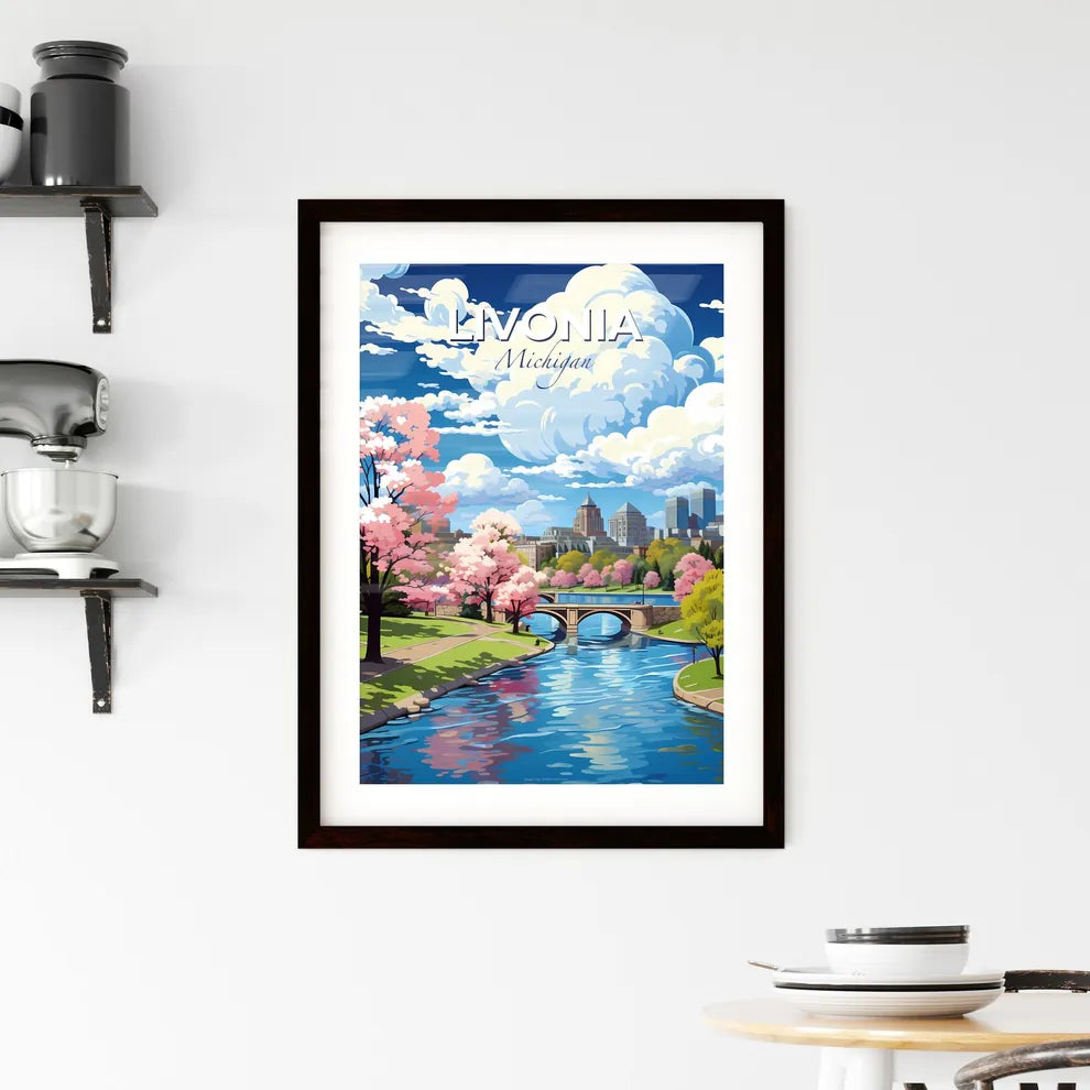 Livonia, Michigan, A Poster of a river with a bridge and trees and a city in the background Default Title