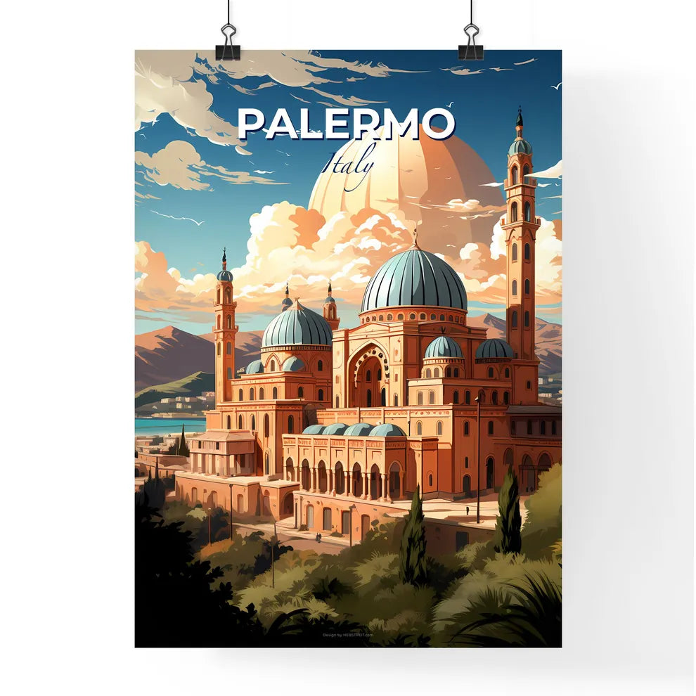 Palermo, Italy, A Poster of a large building with domes and trees Default Title