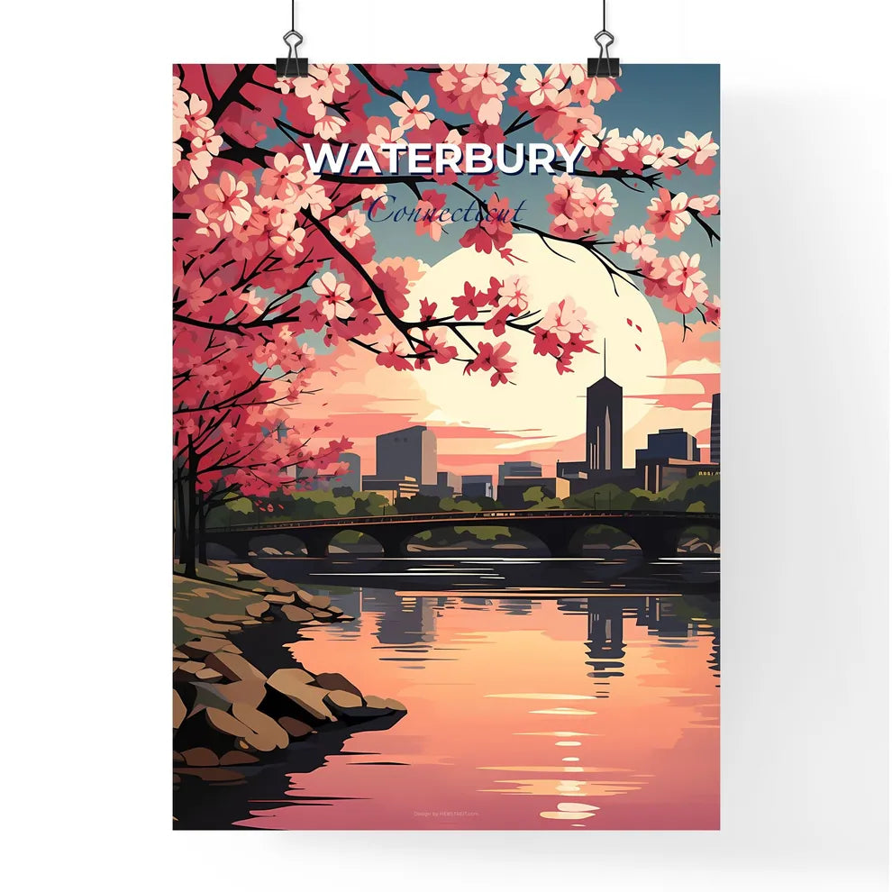 Waterbury, Connecticut, A Poster of a river with pink flowers and a bridge in the background Default Title