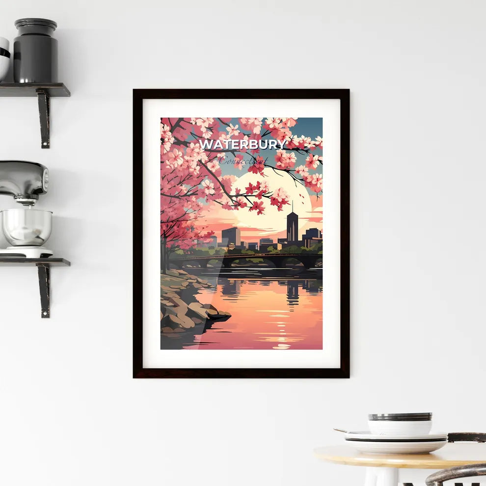 Waterbury, Connecticut, A Poster of a river with pink flowers and a bridge in the background Default Title