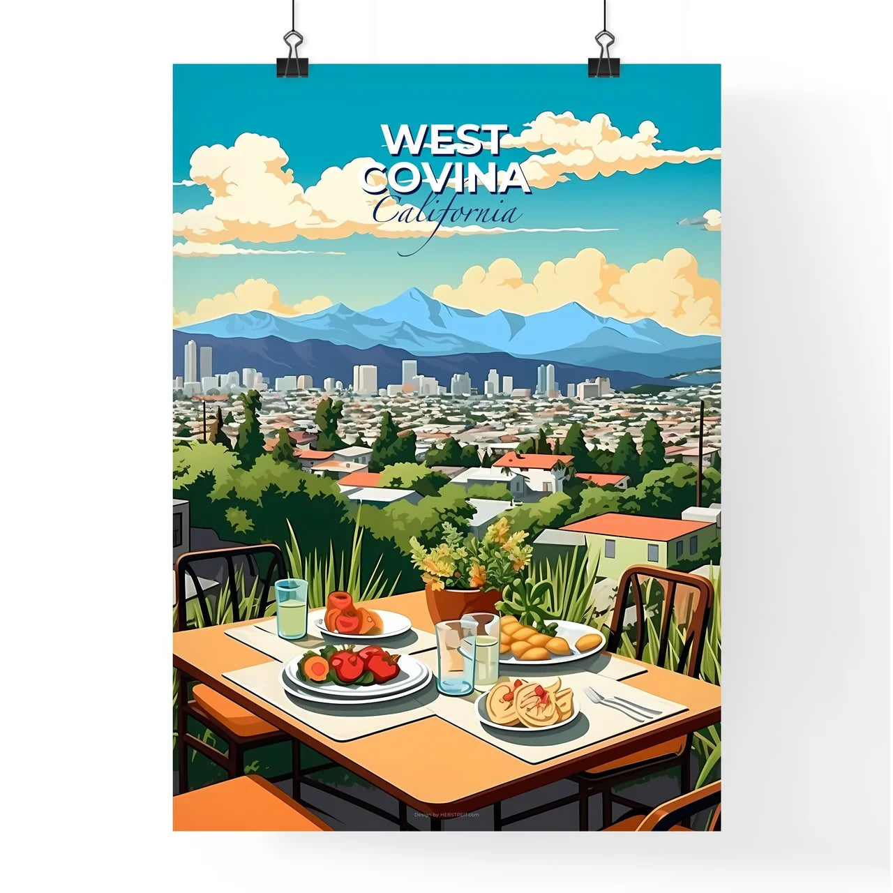 West Covina, California, A Poster of a table with food and drinks on it overlooking a city Default Title