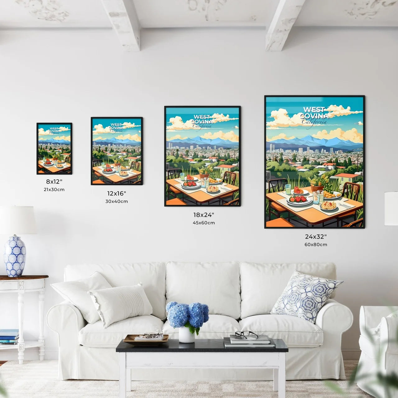 West Covina, California, A Poster of a table with food and drinks on it overlooking a city Default Title