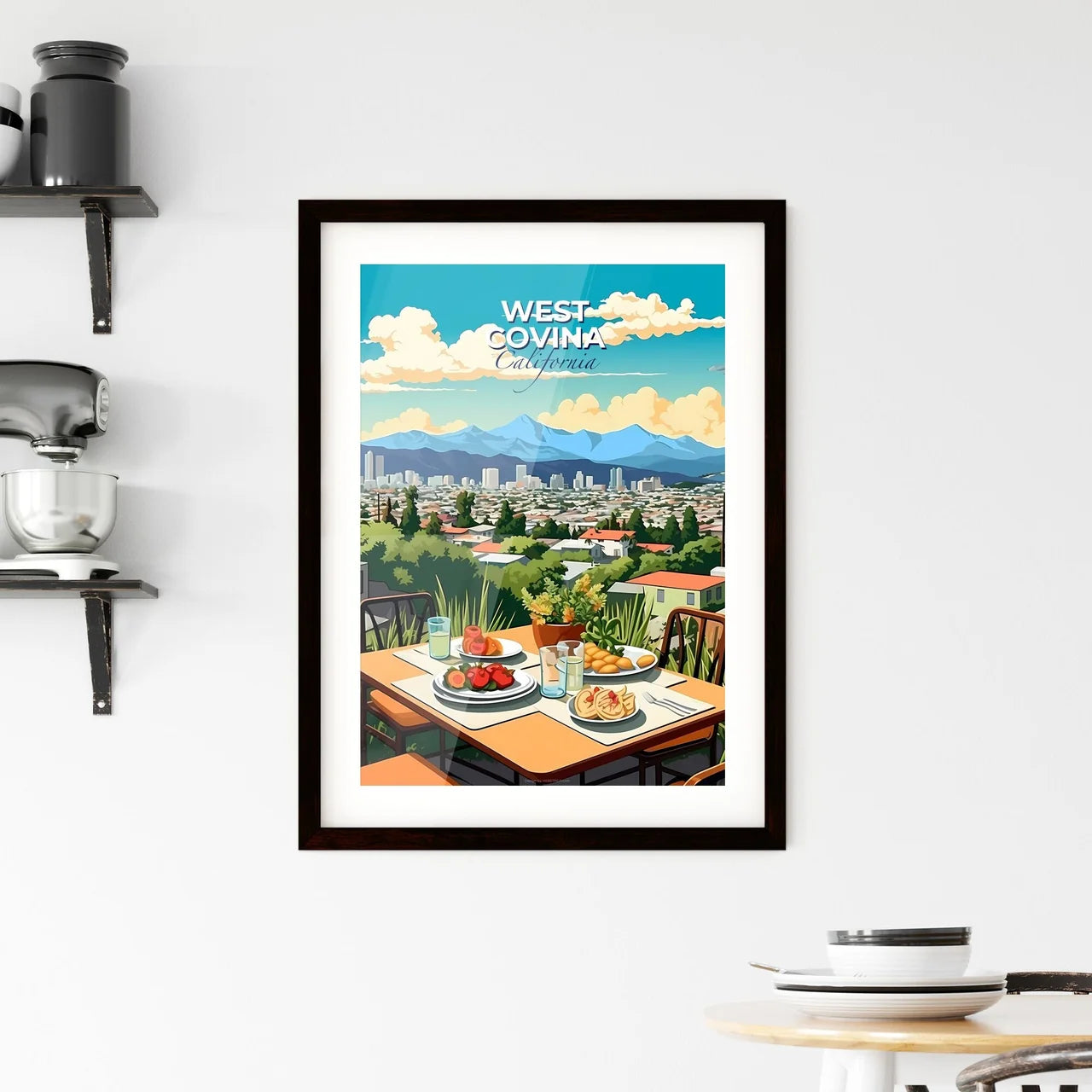 West Covina, California, A Poster of a table with food and drinks on it overlooking a city Default Title