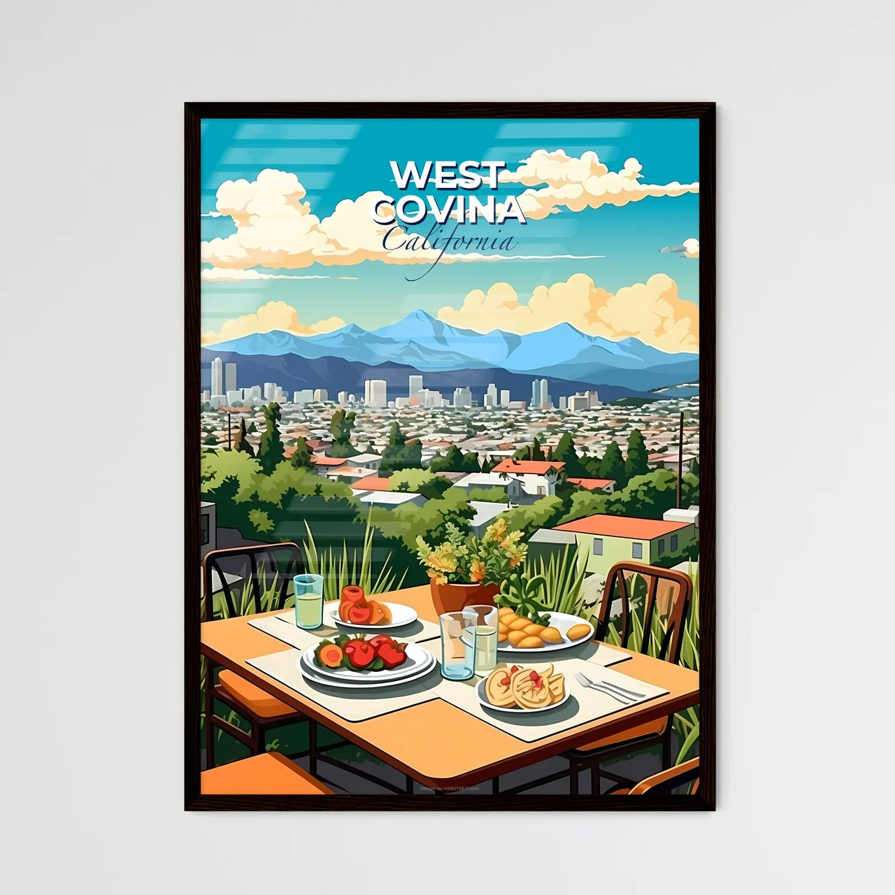 West Covina, California, A Poster of a table with food and drinks on it overlooking a city Default Title