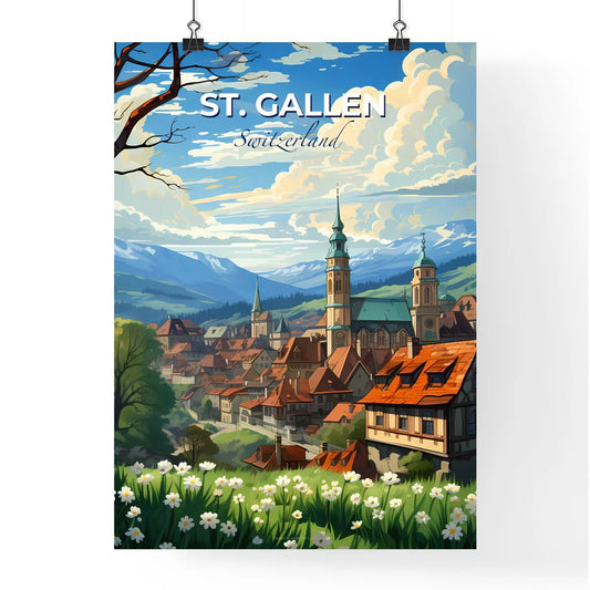 St. Gallen, Switzerland, A Poster of a town with a steeple and trees and mountains Default Title