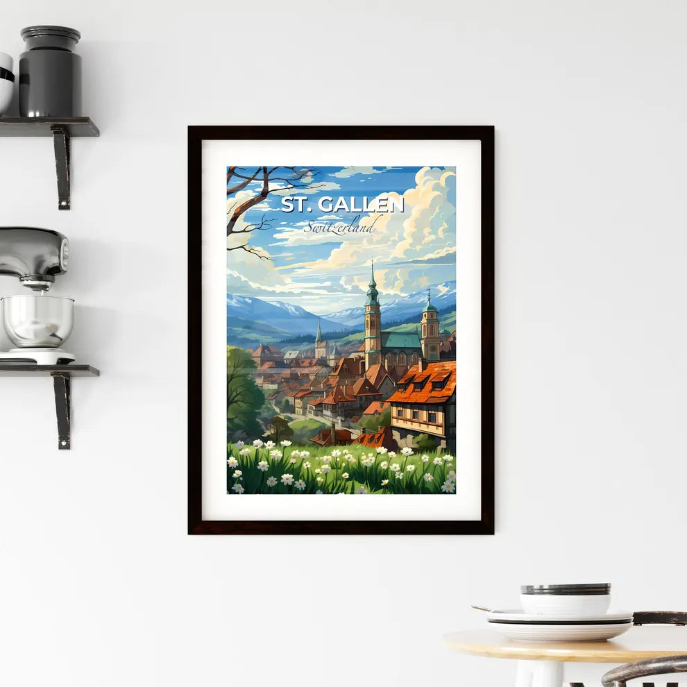 St. Gallen, Switzerland, A Poster of a town with a steeple and trees and mountains Default Title