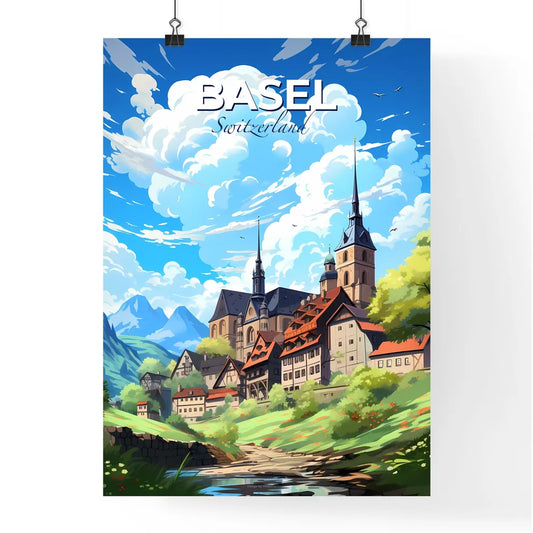 Basel, Switzerland, A Poster of a landscape of a town with a castle and mountains Default Title