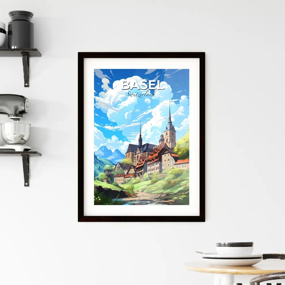 Basel, Switzerland, A Poster of a landscape of a town with a castle and mountains Default Title