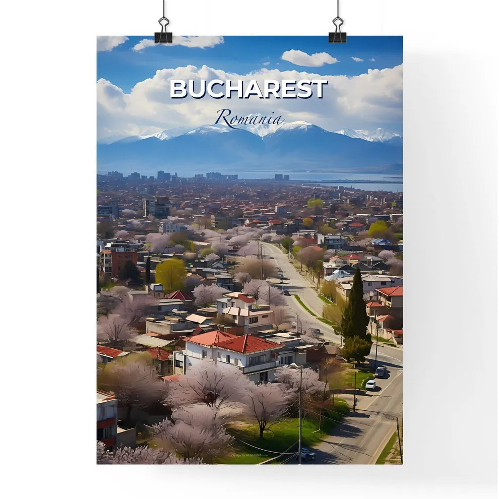 Bucharest, Romania, A Poster of a city with trees and mountains in the background Default Title