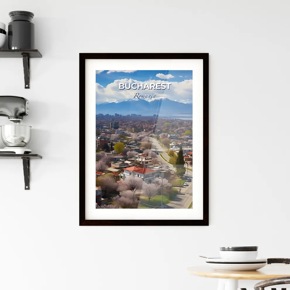 Bucharest, Romania, A Poster of a city with trees and mountains in the background Default Title