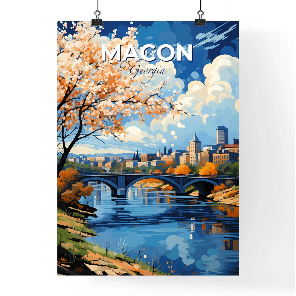 Macon, Georgia, A Poster of a bridge over a river with a tree and a city in the background Default Title