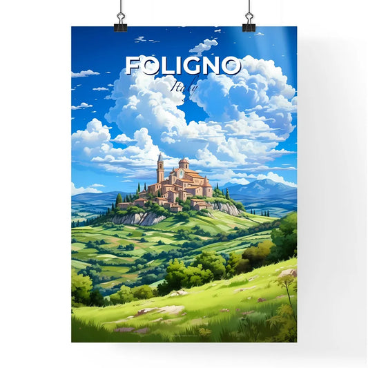 Foligno, Italy, A Poster of a landscape with a castle on a hill Default Title