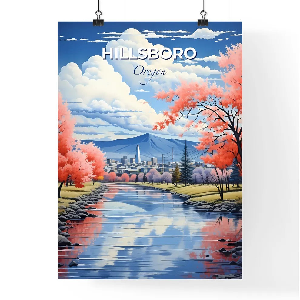 Hillsboro, Oregon, A Poster of a river with pink trees and a city in the background Default Title