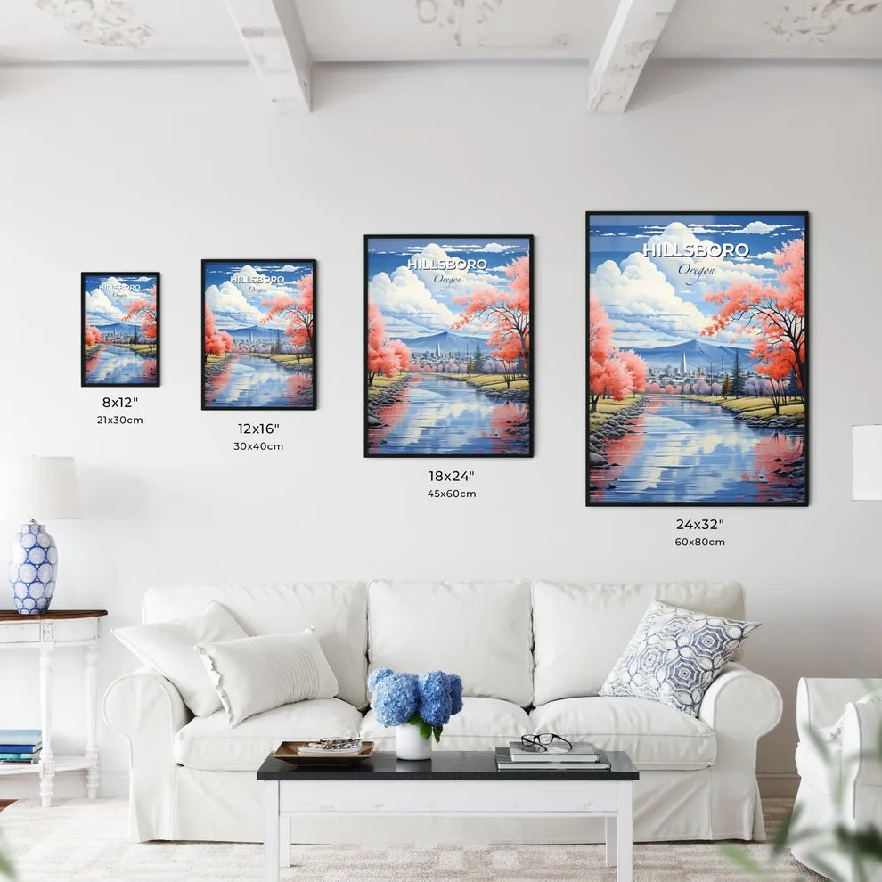 Hillsboro, Oregon, A Poster of a river with pink trees and a city in the background Default Title