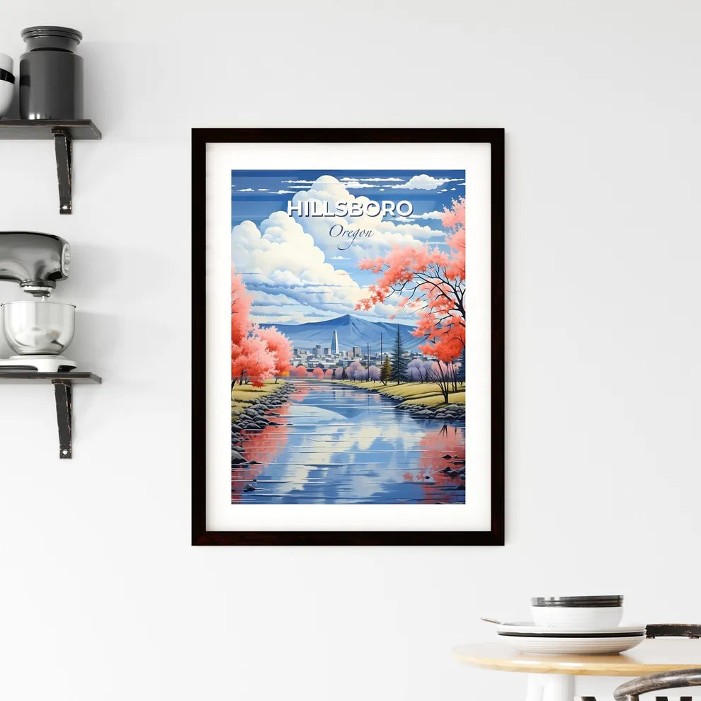 Hillsboro, Oregon, A Poster of a river with pink trees and a city in the background Default Title
