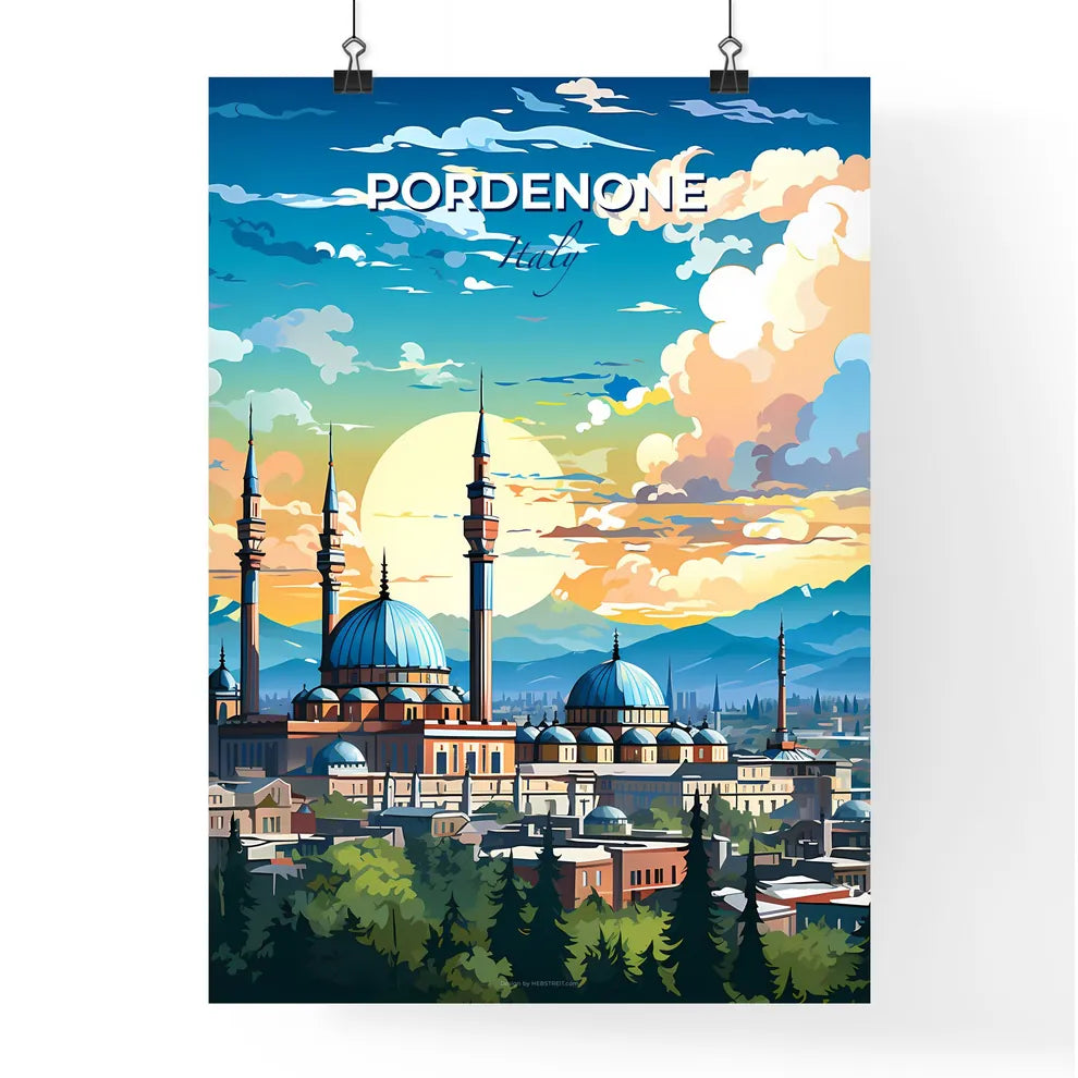 Pordenone, Italy, A Poster of a large building with towers and a city in the background Default Title