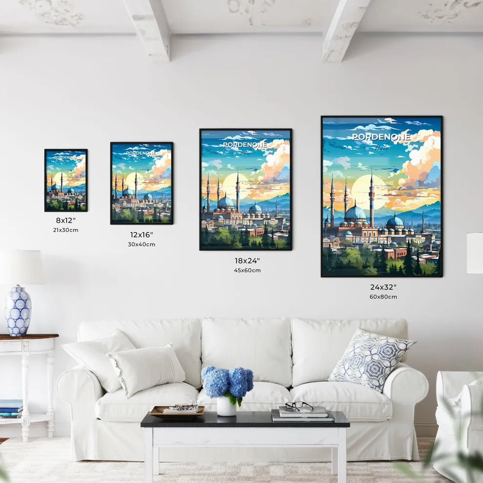 Pordenone, Italy, A Poster of a large building with towers and a city in the background Default Title