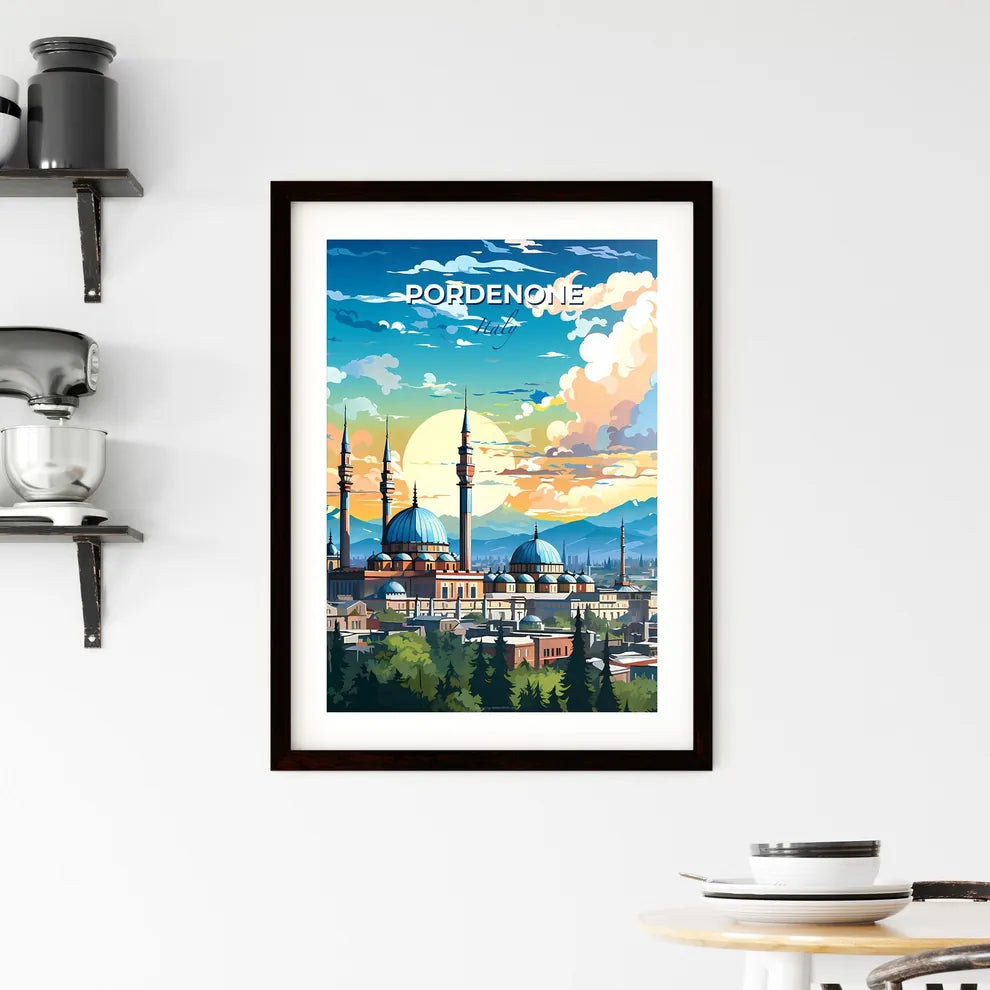 Pordenone, Italy, A Poster of a large building with towers and a city in the background Default Title