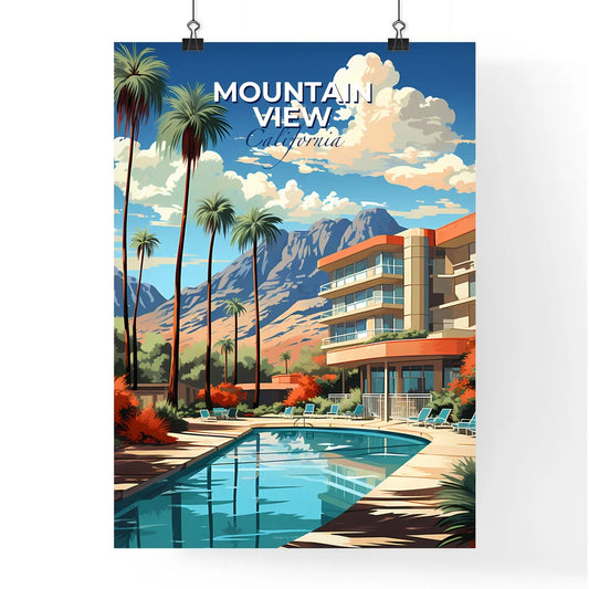 Mountain View, California, A Poster of a pool with palm trees and mountains in the background Default Title