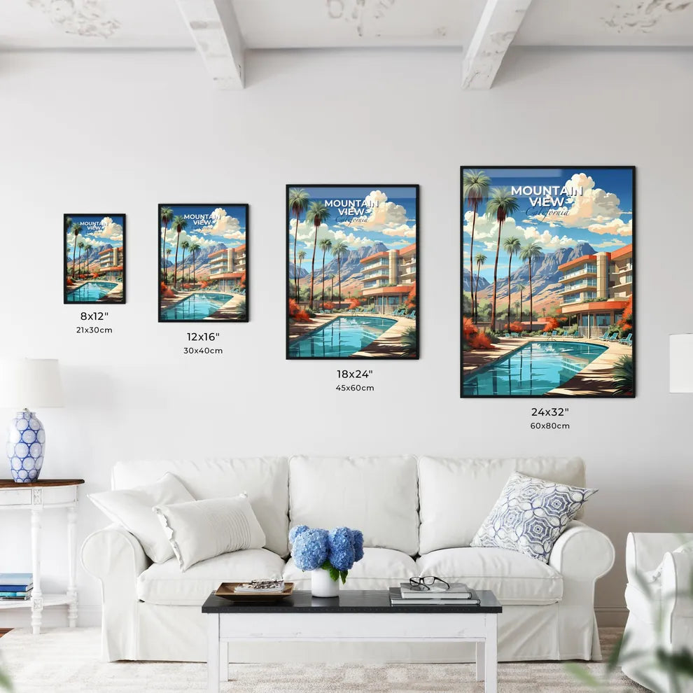 Mountain View, California, A Poster of a pool with palm trees and mountains in the background Default Title