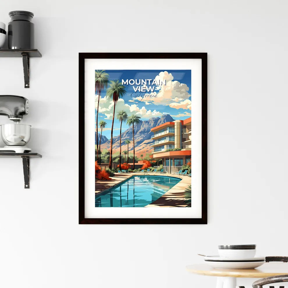 Mountain View, California, A Poster of a pool with palm trees and mountains in the background Default Title