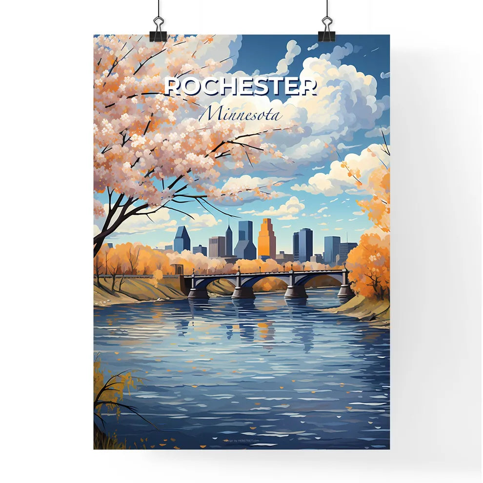 Rochester, Minnesota, A Poster of a bridge over a river with trees and a city in the background Default Title