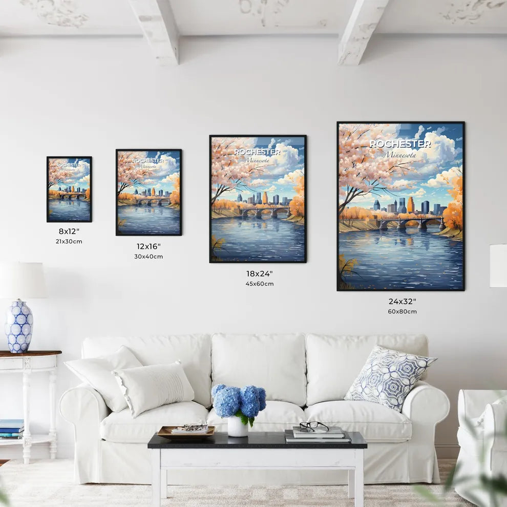 Rochester, Minnesota, A Poster of a bridge over a river with trees and a city in the background Default Title