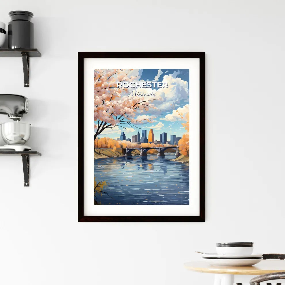 Rochester, Minnesota, A Poster of a bridge over a river with trees and a city in the background Default Title