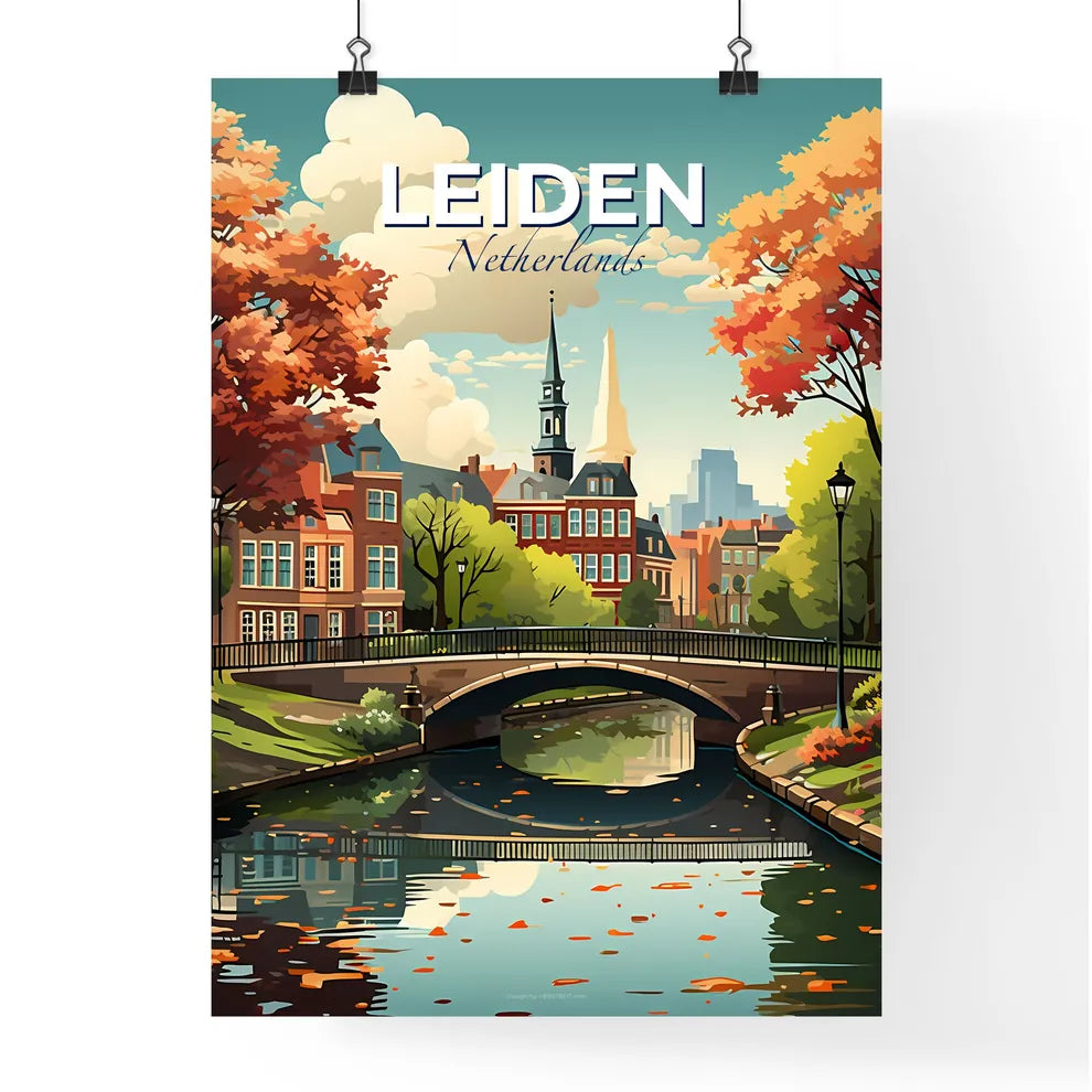 Leiden, Netherlands, A Poster of a bridge over a river with trees and buildings in the background Default Title