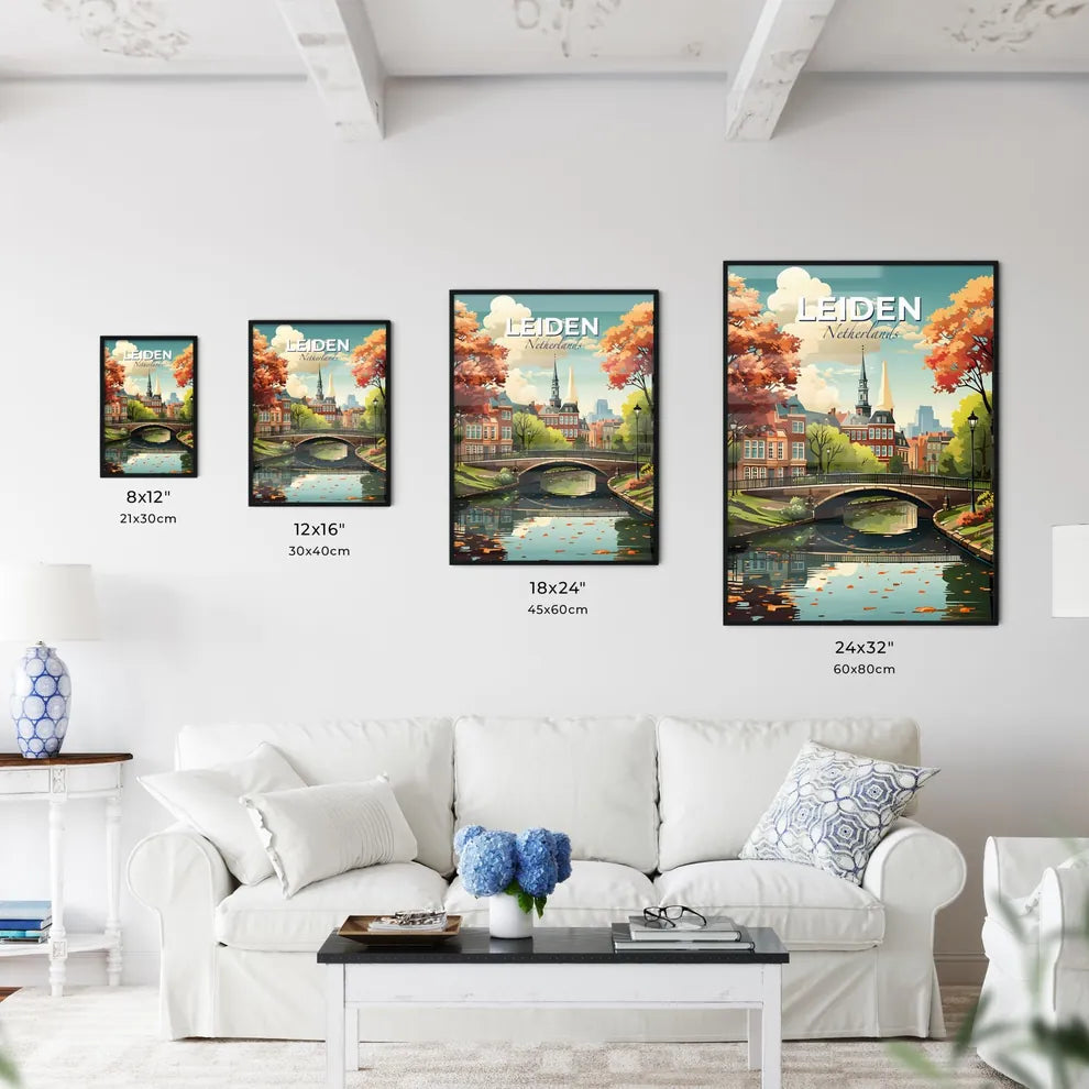 Leiden, Netherlands, A Poster of a bridge over a river with trees and buildings in the background Default Title