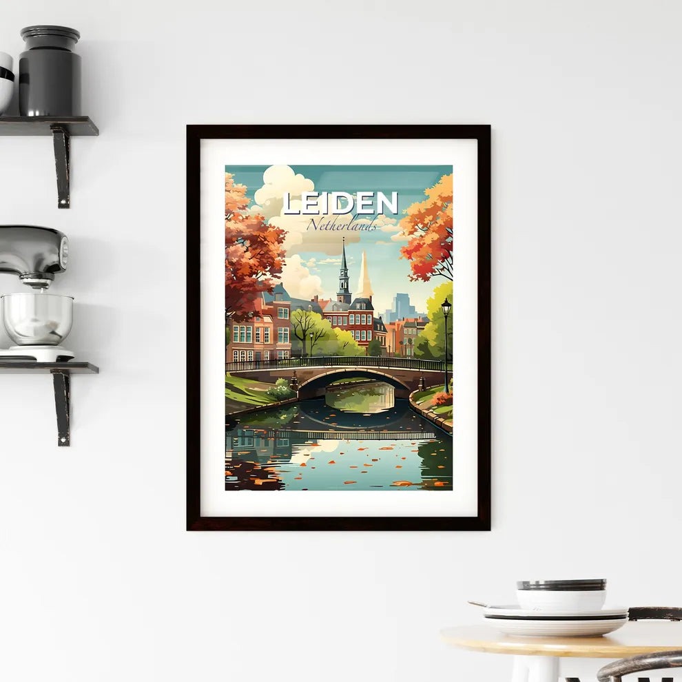 Leiden, Netherlands, A Poster of a bridge over a river with trees and buildings in the background Default Title