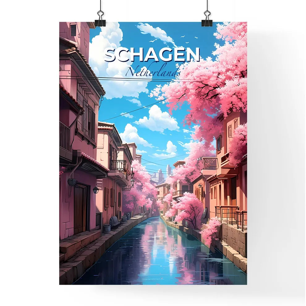 Schagen, Netherlands, A Poster of a canal with pink trees and buildings Default Title