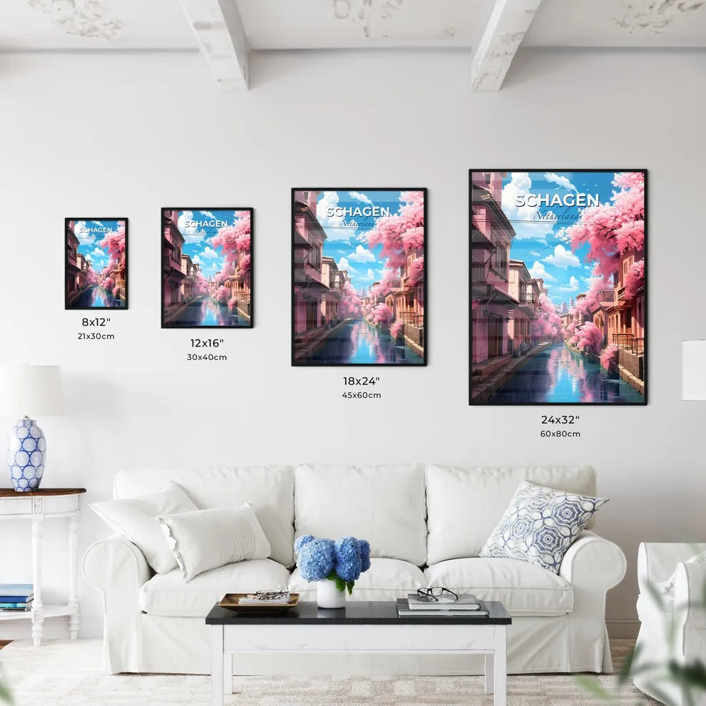 Schagen, Netherlands, A Poster of a canal with pink trees and buildings Default Title