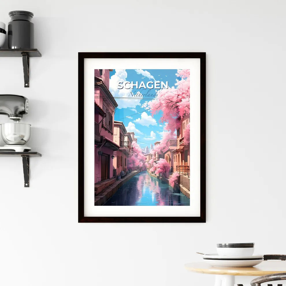 Schagen, Netherlands, A Poster of a canal with pink trees and buildings Default Title