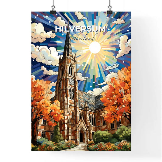Hilversum, Netherlands, A Poster of a church with a clock tower and trees Default Title