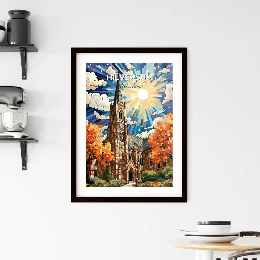 Hilversum, Netherlands, A Poster of a church with a clock tower and trees Default Title